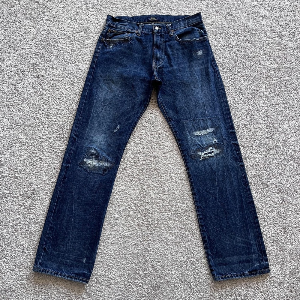 Polo Ralph Lauren Classic Fit Jeans Mens 32x34 Blue Straight Distressed Patched